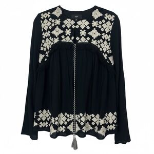 Mossimo Boho Cardigan Women Tie Black Crinkle Embroidered Fringe Tassels Peasant